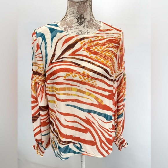 JEALOUS TOMATO Beige sheer colorful abstract print balloon sleeve top size S - Picture 9 of 14
